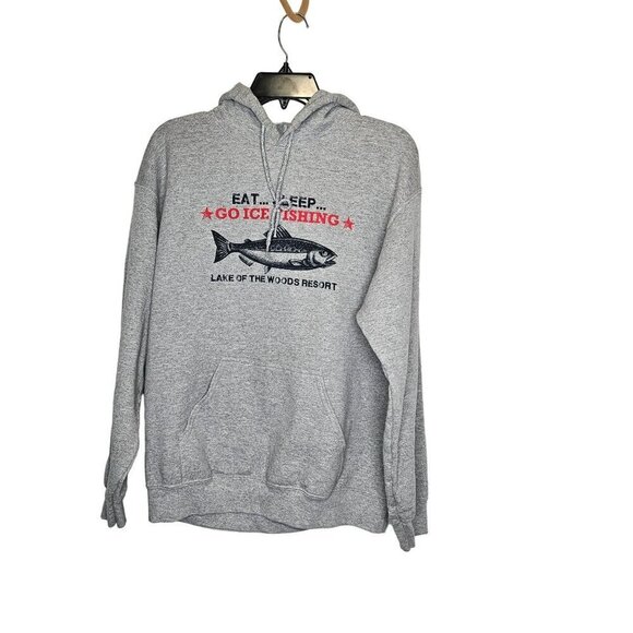 Gildan Heavy Hoodie‎ Eat Sleep Go Ice Fishing Lake Of the Woods Oregon Gray  L - Picture 1 of 9